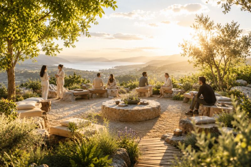 Group gathered around a stone firepit at sunset overlooking a valley