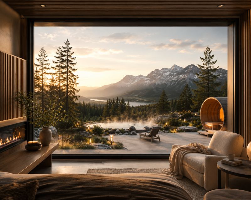 Bedroom opening onto a mountain valley with thermal pools at sunrise