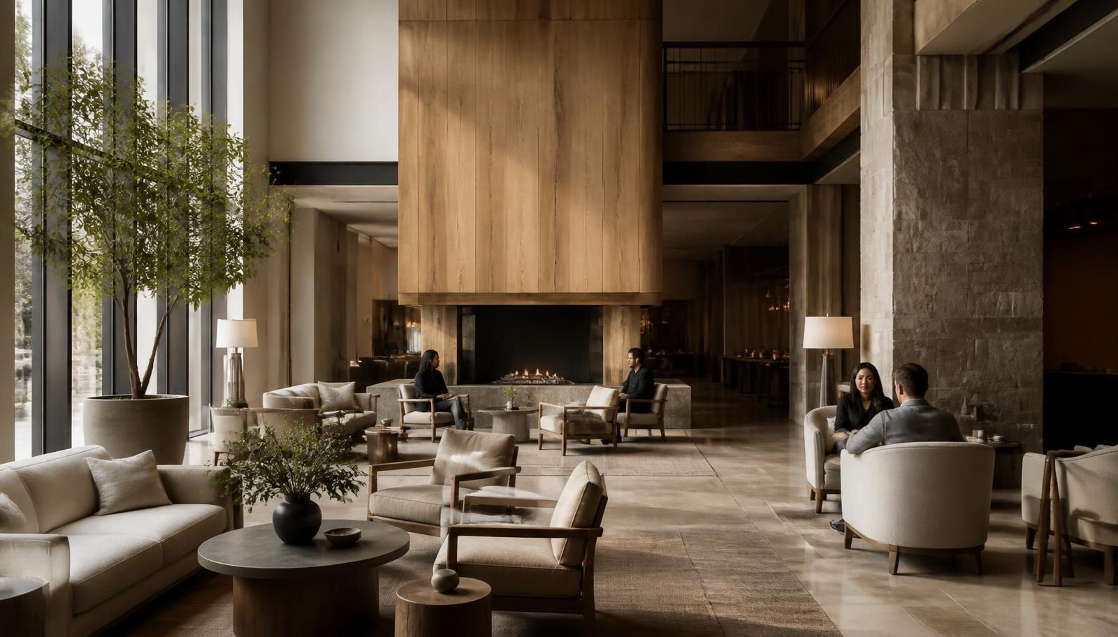 Calm hotel lounge with daylight, timber and stone, guests in conversation