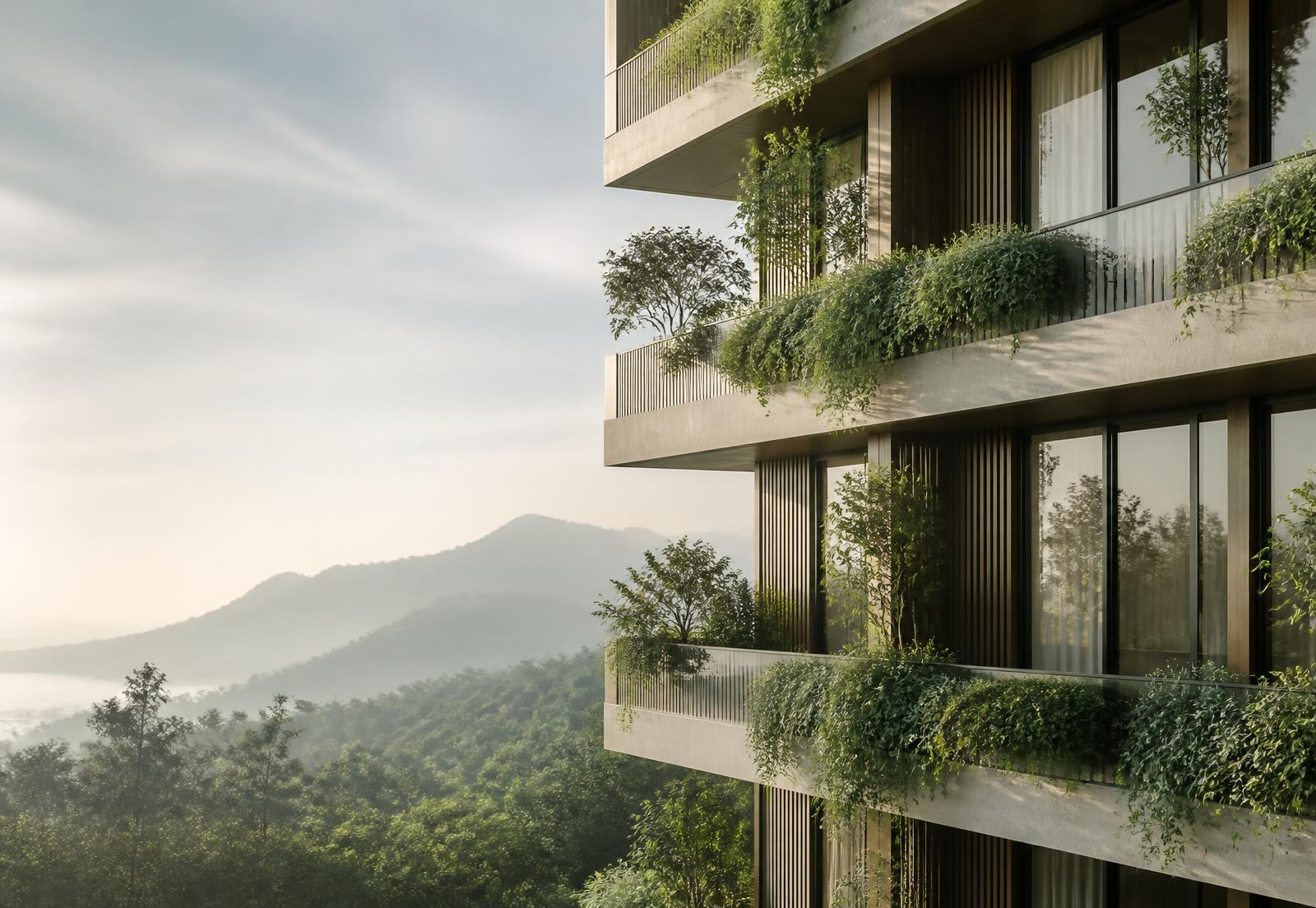 Residential facade with planted terraces in soft morning light