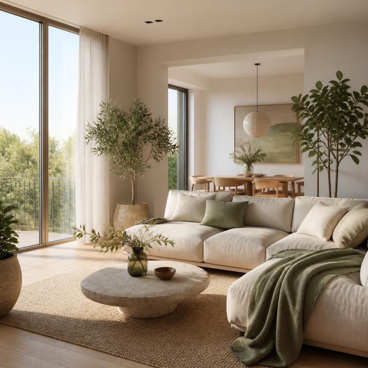 Daylit living space with plants, linen and natural materials